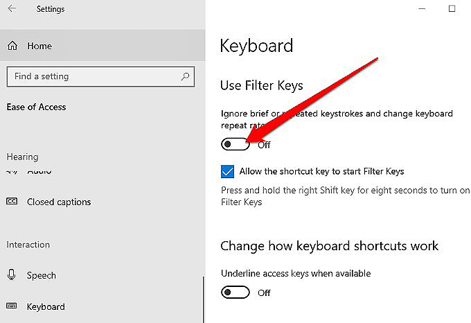 Tắt chế độ Filter Keys