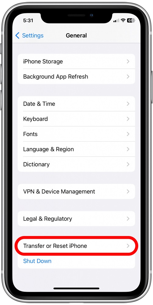 Nhấn vào tab Transfer or Reset iPhone