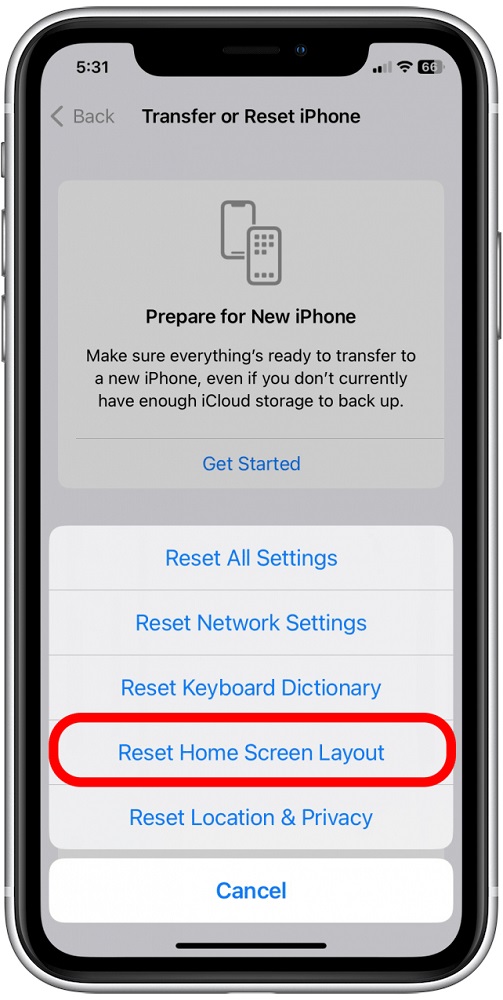 Nhấn Reset Home Screen Layout