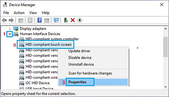 Click chuột phải vào “HID-compliant touch screen” > chọn “Properties”