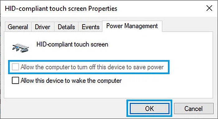 Bỏ chọn ô “Allow the computer to turn off this device to save power” > “OK”