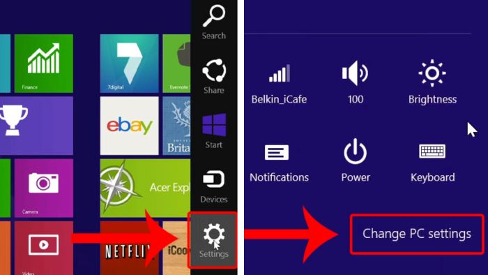 Chọn “Settings” > “Change PC settings”