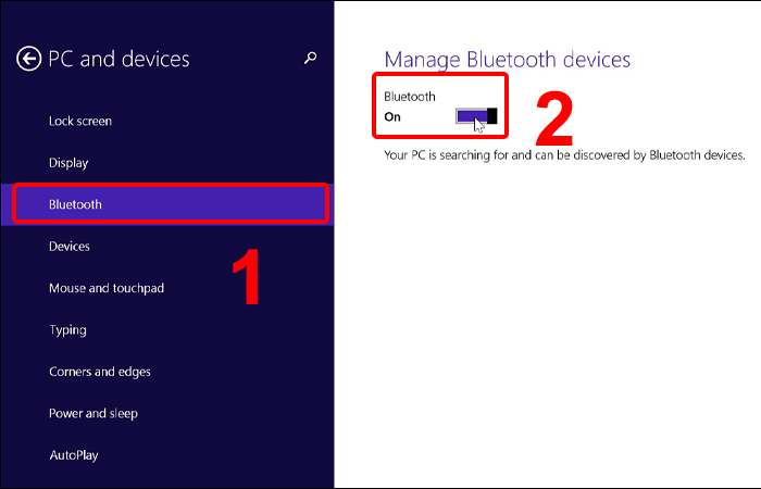 Chọn “PC and devices” > “Bluetooth” > gạt sang phải để bật, gạt sang trái để tắt