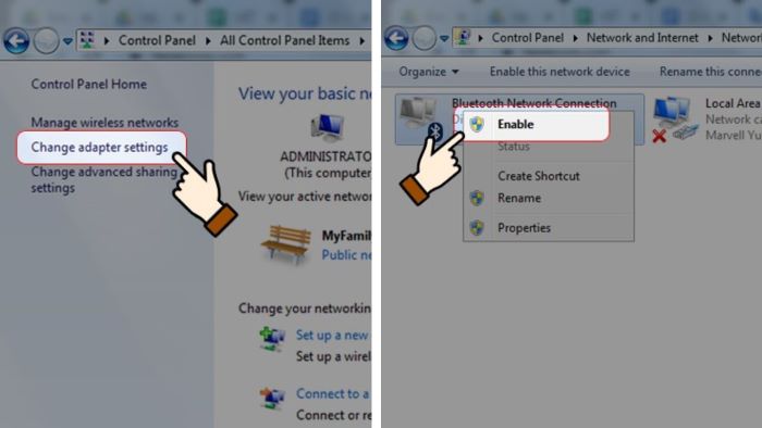 Chọn “Change adapter settings” > click chuột phải vào “Bluetooth Network Connection”