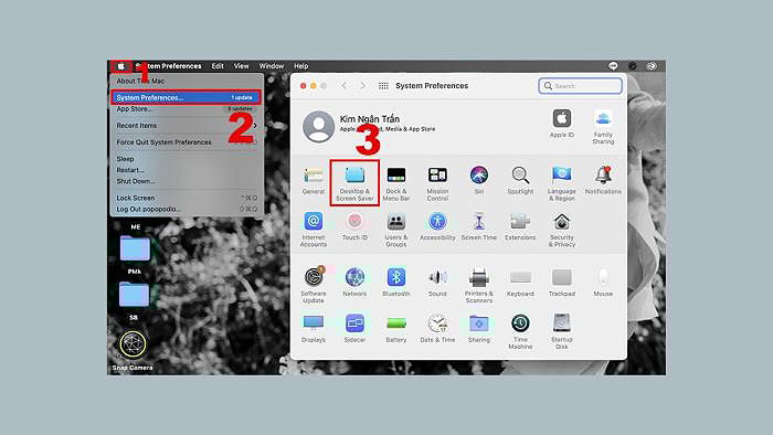 Chọn logo Apple > “System Preferences” > “Desktop & Screen saver”