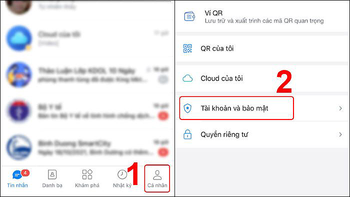 Mở Zalo > chọn “Cá nhân” > “Tài khoản và bảo mật”