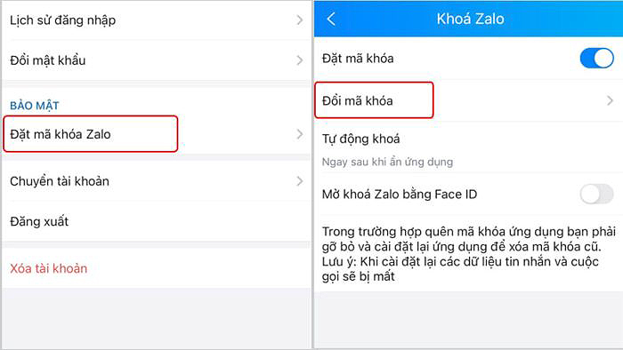 Chọn “Đặt mã khóa Zalo” > “Đổi mã khóa”