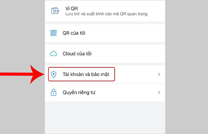 Chọn mục “Tài khoản và bảo mật”