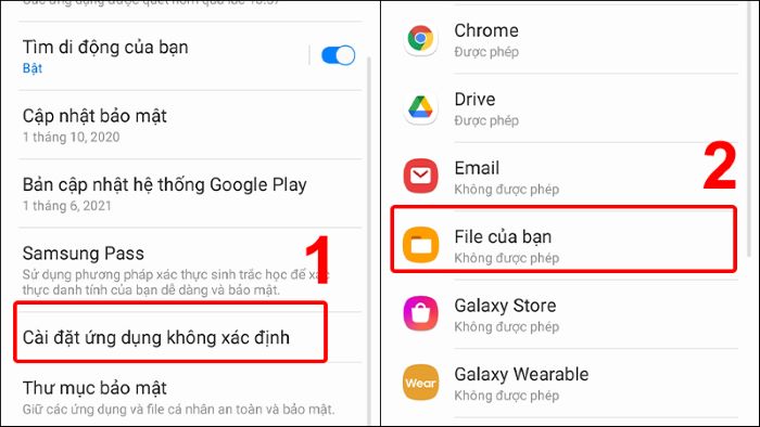 Chọn “Cài đặt ứng dụng không xác định” > chọn “File của bạn”