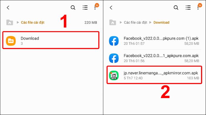 Chọn mục “Download” > chọn file APK vừa tải về > nhấn “Cài đặt”