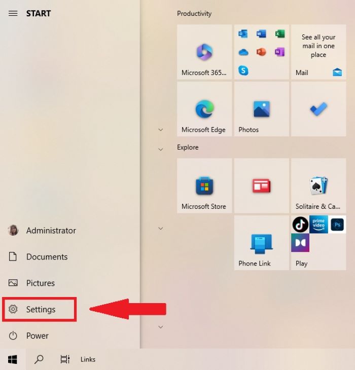 Vào Windows > chọn “Settings”