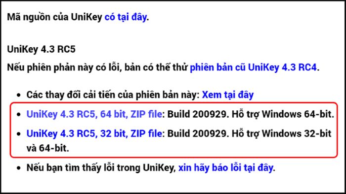 Chọn phiên bản UniKey phù hợp > Tải xuống