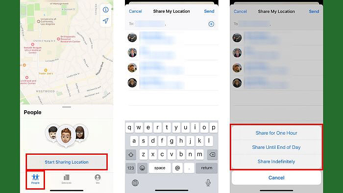 Chọn “Start sharing location” > chọn liên hệ > “Send”