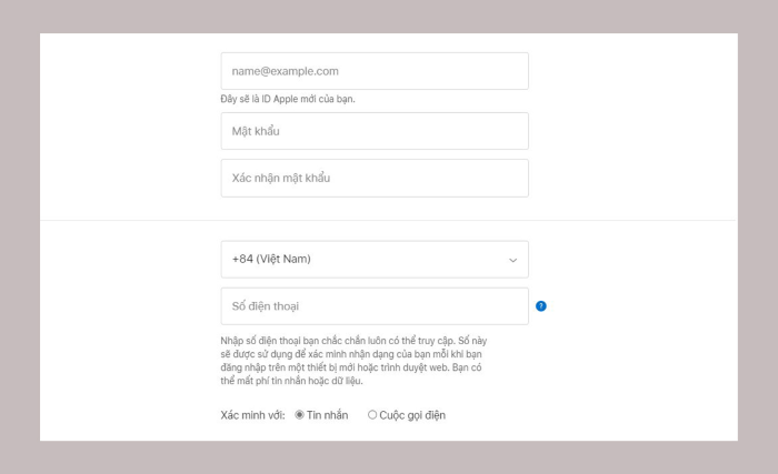 Chọn hình thức nhận mã xác nhận
