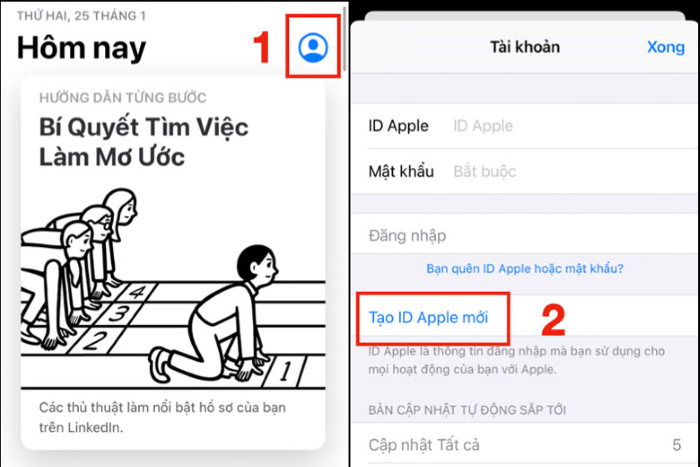 Vào App Store > chọn vào biểu tượng hồ sơ > Tạo ID Apple mới