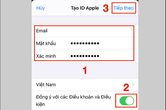 Nhập email và mật khẩu > Đồng ý điều khoản > Tiếp theo