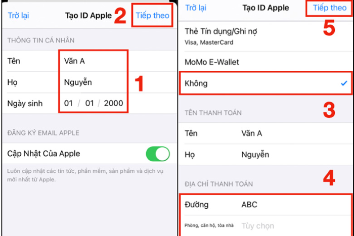 Điền thông tin cá nhân, địa chỉ thanh toán