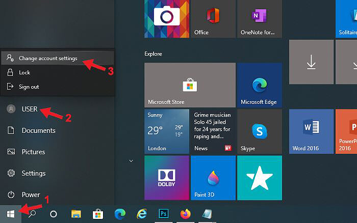 Chọn biểu tượng Window > chọn tên Account > “Change account settings”