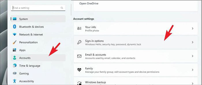 Chọn “Account” > “Sign-in options”
