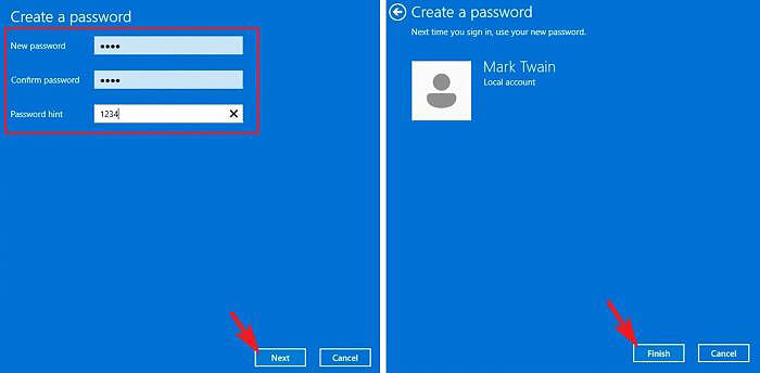 Cài mật khẩu cho máy > “Next” > “Finish”