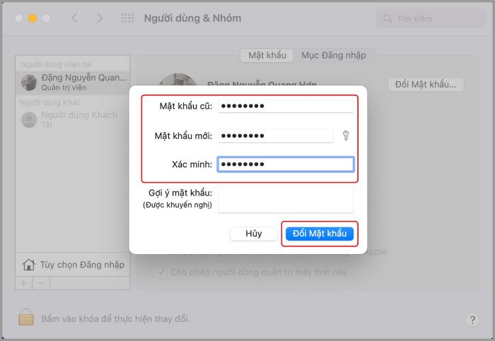 Nhập mật khẩu vào ô tương ứng > chọn “Đổi mật khẩu”