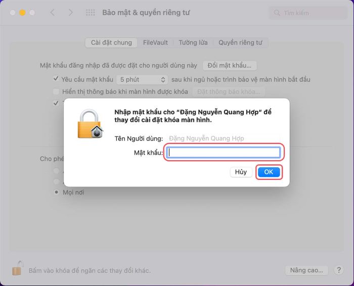Nhập mật khẩu > chọn “OK”