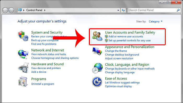 Chọn “User Accounts and Family Safety”
