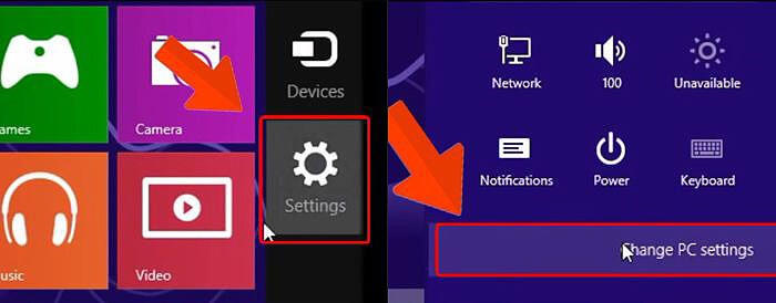 Chọn “Settings” > “Change PC settings”