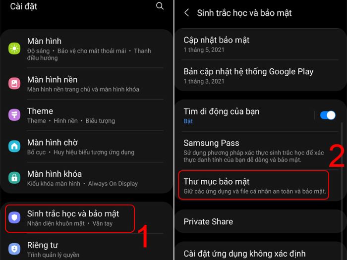 Vào Cài đặt > “Sinh trắc học và bảo mật” > “Thư mục bảo mật”