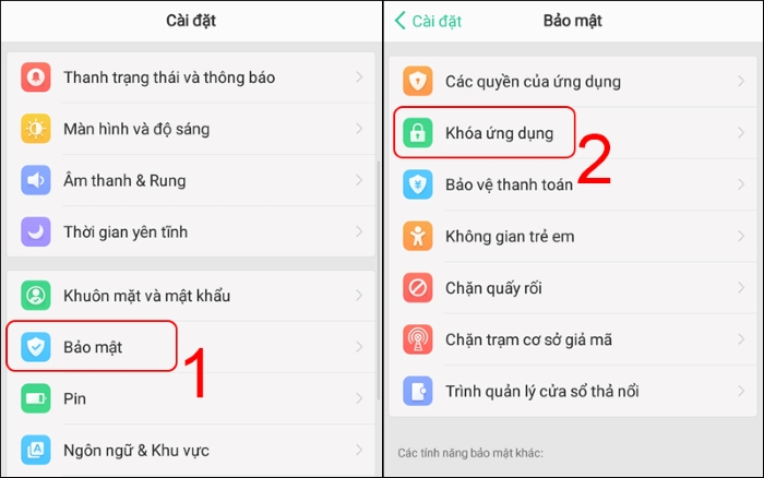 “Cài đặt” > “Bảo mật” > “Khóa ứng dụng”