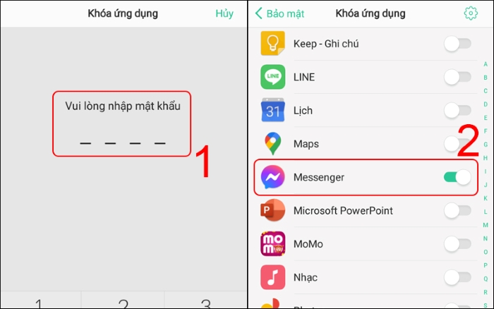 Nhập mật khẩu > áp dụng cho Messenger
