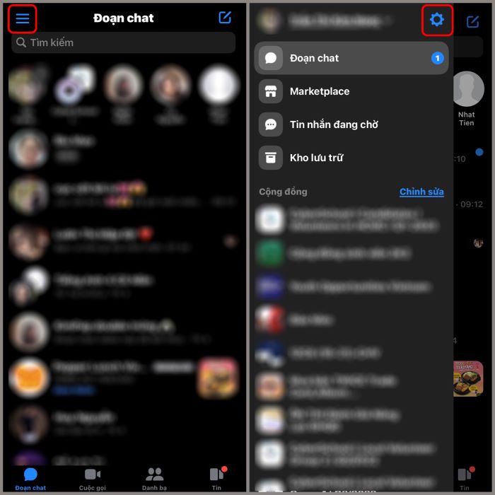 Mở Messenger > chọn biểu tượng ở góc trái màn hình > chọn biểu tượng bánh răng