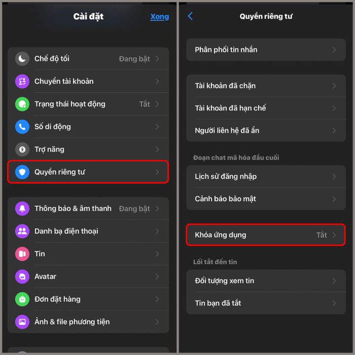 Chọn “Quyền riêng tư” > “Khóa ứng dụng”