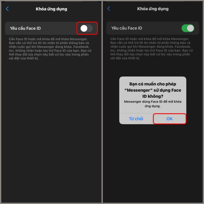 Bật “Yêu cầu Face ID” > chọn “OK”