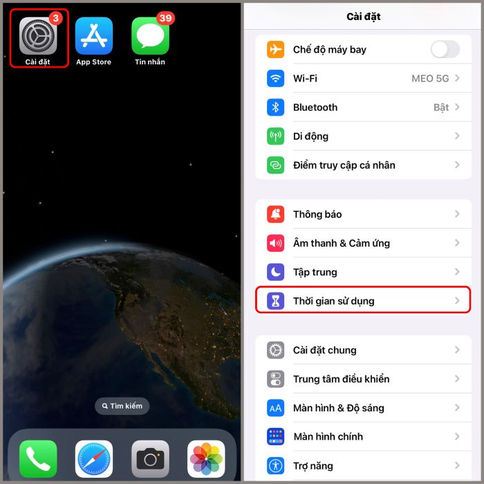 Chọn “Cài đặt” > “Thời gian sử dụng”
