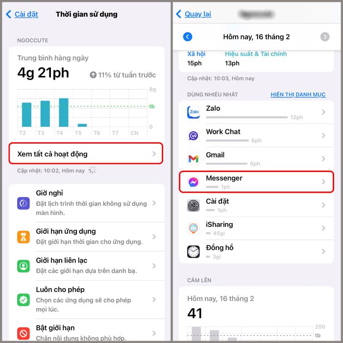 Chọn “Xem tất cả hoạt động” > chọn “Messenger”