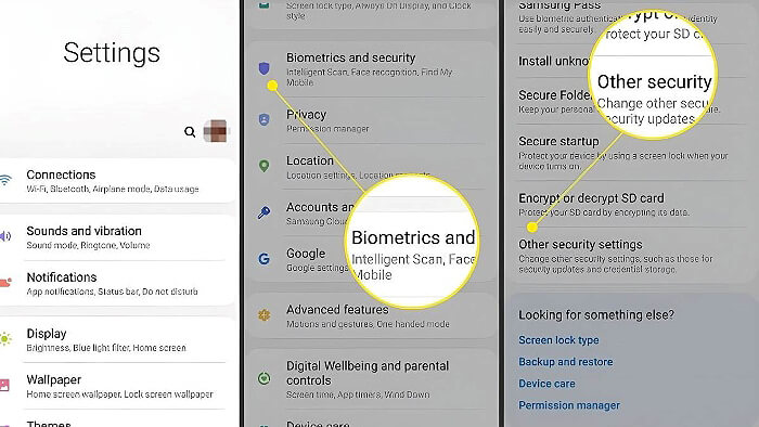 Vào “Cài đặt” > “Màn hình khóa và bảo mật” > “Các cài đặt bảo mật khác”
