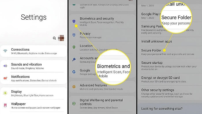 Vào “Cài đặt” > “Màn hình khóa và bảo mật” > “Thư mục bảo mật”