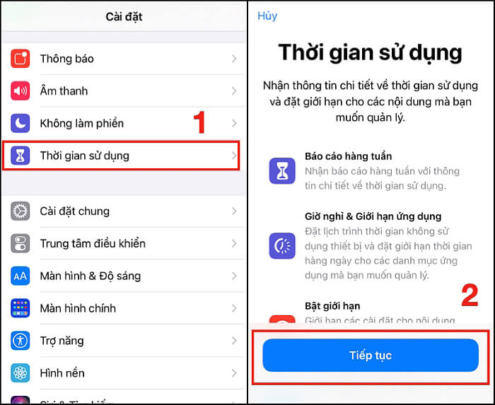 “Cài đặt” > chọn mục “Thời gian sử dụng” > “Tiếp tục”