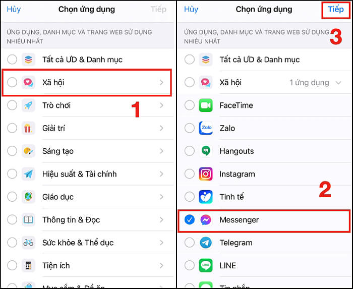 Chọn ứng dụng muốn cài mật khẩu > chọn “Tiếp”