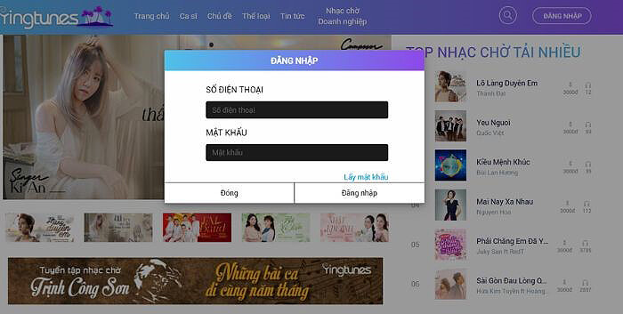 Đăng nhập trên website Ringtunes