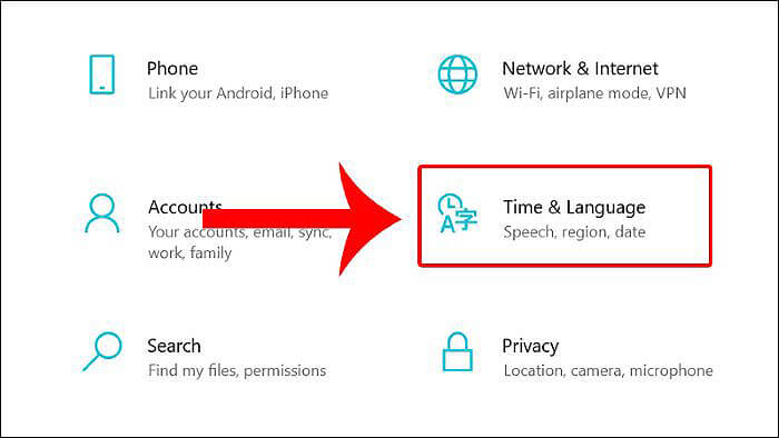 Chọn mục “Time & Language”