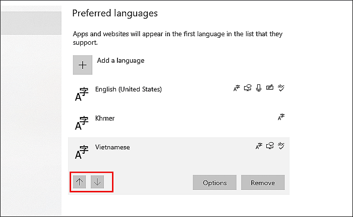 Chọn biểu tượng mũi tên để di chuyển “Tiếng Việt” lên hàng trên cùng