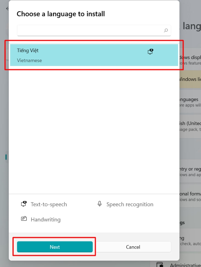 Chọn “Tiếng Việt” (Vietnamese) > “Next”