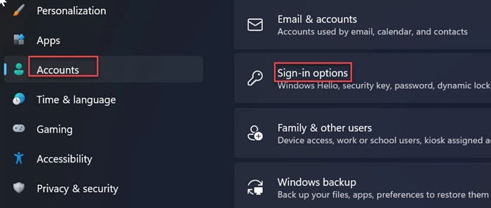 “Accounts” > “Sign-in options”