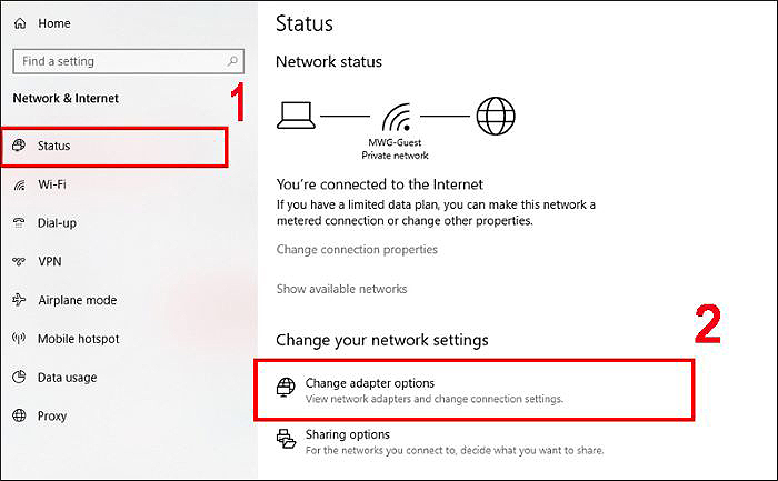 Chọn “Status” > “Change adapter options”