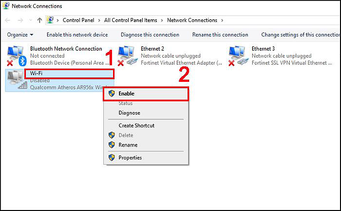 Click chuột phải vào “Wi-Fi” > chọn “Enable”