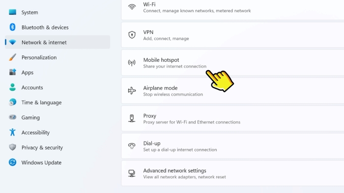 Chọn “Network & internet” > “Mobile hotspot”