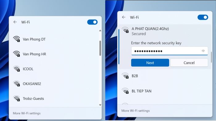 Chọn tên wifi > nhập mật khẩu và kết nối