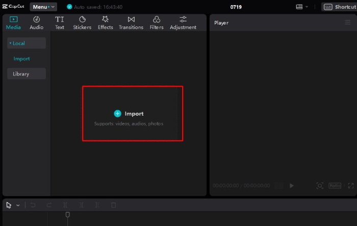 Chọn “Import” để tải video lên CapCut